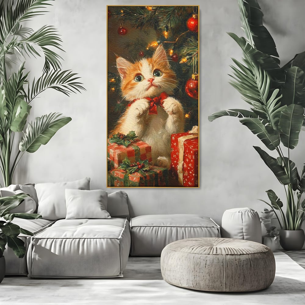 Tablou canvas cu pictura cu pisicuta alba si portocalie langa bradul de craciun, in rama de aluminiu auriu, pe perete intr-un living